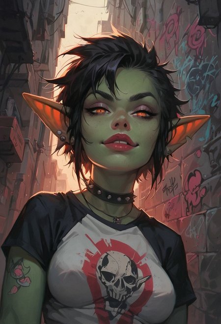 score_9, score_8_up, score_7_up, score_6_up, aesthetic ,  punk, goblin, green skin, outdoors, alley, night, graffiti, t-shirt,  solo,  dutch angle,  g0thicPXL,  (big lips:0.6), (close up:1.2), portrait, medium breasts, smug, smirk, skinny, pov, leaning toward viewer, realistic, (shortstack:0.6)