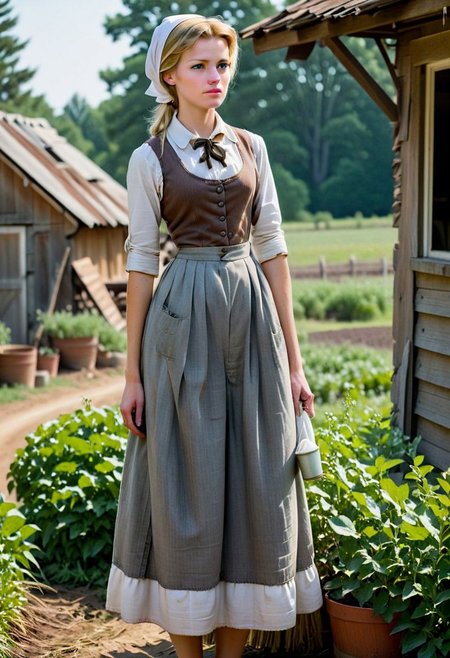 Ultra Realistic, full body shot,  Cinderella,  ,  housework everyday dress, white scarf in hair, hand on hips, in a 18's century farm