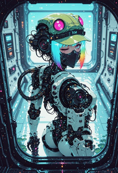 <lora:ck-nc-cyberpunk-IL-000011:0.60>,  masterpiece, best quality, good quality, very aesthetic, absurdres, newest, 8K, depth of field, focused subject, dynamic angle, side view, from above, action shot, wabi sabi android woman, rainbow hair, glowing hair, cute simplistic frog hat that reads "Lilly" on the brim, gazing at the viewer, clean visible face, clean white rectangular ceramic material and mechanical parts, their face mask is open, one eye has mechanical enhancements, servos, wires, exposed circuits, skin, holding giant green lillypad, (futuristic fractal shaped artemis station in background, window view), Sci-fi anime movie (style by George Shaw),shallow depth of field, vignette, (Fujicolor Superia X-TRA 400) , (bioluminecent glow:0.8),
in the style of cknc,
<lora:MoriiMee_Gothic_Niji_Style_Illustrious_r1:0.5>
<lora:ck-neon-retrowave-IL:0.85>
<lora:ck-shadow-circuit-IL:0.35>
