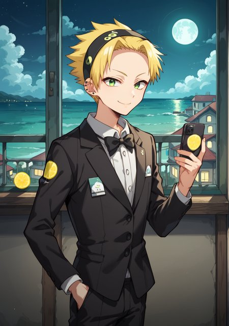 score_9, score_8_up, score_7_up, source_anime, BREAK,  Lemon_Yamabuki(TBHK), 1boy, solo, blonde hair,  short hair, headband, green eyes, smile, smug, tuxedo, black suit,   black ear piercing,  holding smartphone,  hallway,  window, black pants full body, standing, balcony, night, moon, ocean, <lora:Lemon_Yamabuki_TBHK-000010:0.9>
