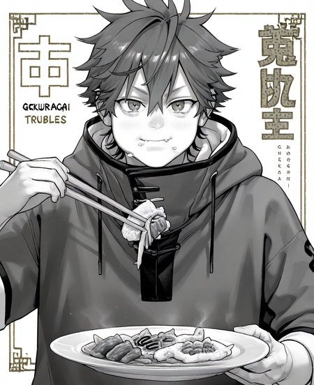 <lora:gokurakugai:1> gokurakugai,
(masterpiece), (best quality), (ultra-detailed), amazing quality, very aesthetic, illustration, perfect composition, intricate details, absurdres, incredibly absurdres, shiny skin, realistic,
 gokurakugai, male focus, monochrome, greyscale, 1boy, food, , chopsticks, plate, eating, solo,  plate, ,  chopsticks, looking at viewer, short hair, upper body, hair between eyes, closed mouth, rice, , food on face, hood, fang, general