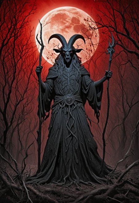 In a clearing surrounded by tall ancient oaks, the dark mage Baphomet, Satan's goat, raises his staff, carved from a twisted branch, towards the blood-red harvest moon. Dark energy pulses from the staff, twisting through the air. His smirk reveals sharp teeth.
450 dpi, 4K resolution, alcohol ink splatter, perfectly calibrated composition, rule of thirds