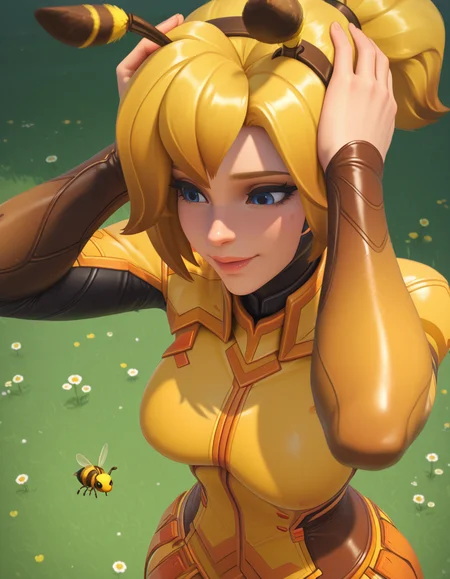 Masterpiece, high-res, 2k, best quality, 2.5d, 1girl, mercy (overwatch), beemercy , bee, headband <lora:bee_mercy_illus-000040:1>  in a flower camp On her stomach hands on her head