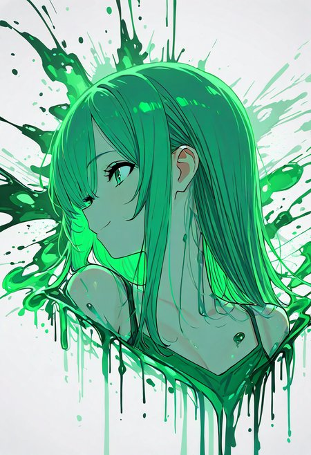 (masterpiece, best quality, good quality, very aesthetic, absurdres, newest:1.2),    1girl, solo,   1girl, solo, long hair, smile, bangs, white background, bare shoulders, closed mouth, green eyes, collarbone, green hair, profile, looking away, portrait, green theme, paint splatter ,  <lora:ClrSplsh_NAI:1.0>,