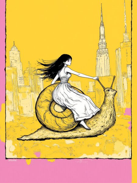 An illustrated image of a young woman gracefully riding a giant snail through a futuristic cityscape.  background is amber yellow <lora:Midjourney_Whisper_BrushPulse_v01:0.7>, border is cherry blossom pink <lora:inkedgemono-simple_epoch-08:0.9> 1NK3D63SIM <lora:Midjourney_Whisper_Minimal:0.9>
| no deformed hands, no too many limbs, no too many fingers,