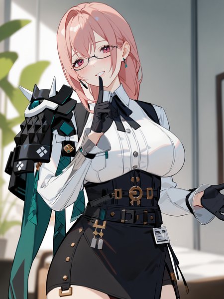 1girl, tsukishiro yanagi, solo, glasses, black gloves, high-waist skirt, white collared shirt, single pauldron, earpiece, harness, neck ribbon, looking at viewer, seductive smile, ecstasy, gasping, finger to cheek, standing, cowboy shot, bedroom, indoors, blurry background <lora:Char-ZZZ-Yanagi-SDXL-V1:0.9>, masterpiece, best quality, very aesthetic, ray tracing, newest, (hitenkei, askzy:0.5), [<lora:detailed_notrigger:0.95>::0.5]