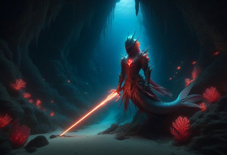 benthic merfolk, hkstyle, glowing sword, underwater cave, red glow, concept art
