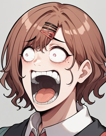 score_9, score_8_up, score_7_up, source_anime, <lora:madoka-higuchi-ponyxl-lora-nochekaiser:1>, madoka higuchi, brown hair, eyebrows hidden by hair, grey background, hair ornament, hairclip, mole, mole under eye, short hair, wavy hair,, <lora:enel-face-ponyxl-lora-nochekaiser:1> enel face, open mouth, wide-eyed, teeth, tongue,, , ,