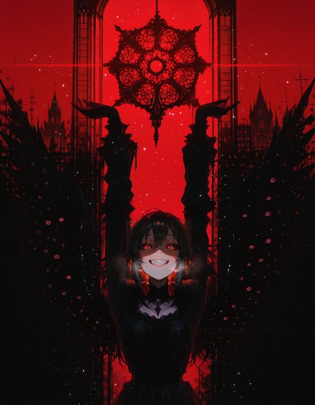xxx667_illu, Smooth Quality,volumetric lighting,detailed,masterpiece, best quality, amazing quality, very aesthetic, absurdres
,ADDCOMM,
background of gothic church, background of stained glass, red godrays,detailed lighitng,red theme, red background
,ADDROW,
black feathery wings, black fog, many eyes, eldritch horrors, nightmare fuel, cosmic_horror, shadow, surreal, glowing eyes,15546+456868, abstract, glowing, no humans,distortion, corrupted, void, formless, eerie, haunting, chaos, ominous, warped, horror, dark mist, terror, black theme, black background, pitch black
,ADDCOL,
1girl, arms up, stretching, vampire, fangs, beautiful, black hair, red eyes, visible breath, very pale, goth fashion,black dress, renaissance clothes, clothes covered in blood,happy, open mouth,red theme, red background,black nails
,ADDCOL,
black feathery wings, black fog, many eyes, eldritch horrors, nightmare fuel, cosmic_horror, shadow, surreal, glowing eyes,15546+456868, abstract, glowing, no humans,distortion, corrupted, void, formless, eerie, haunting, chaos, ominous, warped, horror, dark mist, terror, black theme, black background, pitch black
, <lora:illustrious_quality_modifiers_masterpieces_v1:0.25> <lora:illustrious_best_quality_v1:0.25> <lora:illustrious_very_aesthetic_v1:0.25> <lora:XXX477:1> <lora:114558v4df2fsdf5:1>