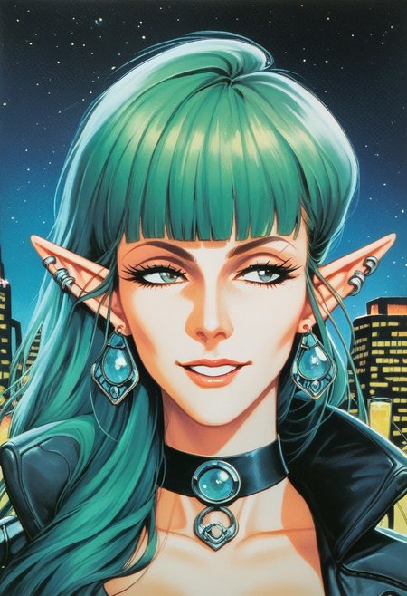 score_9, score_8_up, score_7_up, Expressiveh, high-quality, ultra-high-definition, fine details, meticulously crafted, crisp, highest quality, deep ink artwork, traditional media, easyriders, david mann style, 1970s art, detailed lighting, stunning woman, elf, pointed ears, solo, milf, huge ass, bottom heavy, huge tits, huge soft thighs, curvy, wide hips, earrings, looking away, smug, haughty, wide grin, lemon green hair, long curl hair, blunt bangs, upper body, medium shot, green hazel eyes, choker, android, prosthetic arms, piercings, necklace, bomber jacket, black crop cami top, pov, close-up, outdoors, pinup pose, at night, night time, ambient lighting, halftone, etching, cyberpunk neon city background, retro artstyle