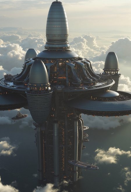 yfg-l3ms, YFG-L3ms orbital shipyards nested around a central tower, each yard meticulously welding the framework of planetary cargo vessels