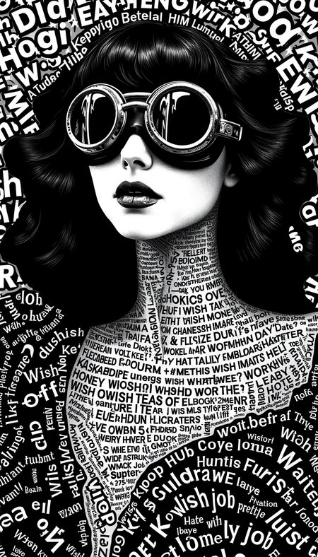SDXL 1: The main Text is "Wish life Wish death Wish happy him money wish to Love whatever Lonely job hate wish pretty honey" The lines are repeated to fill and form the shapes. SDXL (JPS) 2: The TXT image is a close-up of a beautiful goth 1girl wearing goggles, a conceptual large text collage composite featuring various large shapes constructed of text.