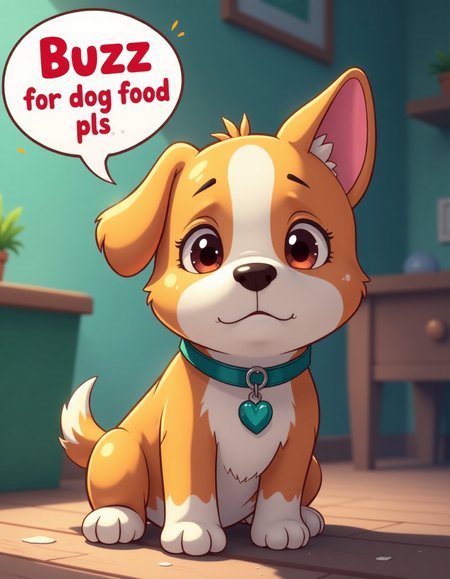 anime artwork sad dog speec hbubble that says " buzz for dog food pls " , . anime style, key visual, vibrant, studio anime,  highly detailed