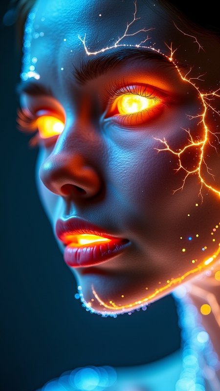Close up on the beautiful woman's face that made out of pure energy, with glowing nerves under the skin and fiery iris of the eyes, like two magical black holes. Shallow depth of field with focus on the burning beautiful lips. Translucent lips from the glow under the skin, but not inside the mouth. Energy waves burst out from the skin, similar to solar flares. Slight cracks on the cheeks and forehead with the bluish glow.