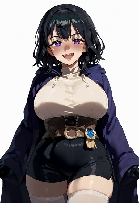 score_9. score_8_up. score_7_up. score_6_up. score_5_up. score_4_up, source_anime, 1girl, solo, calm, smile, smirk, seductive, squinted eyes, blushing, open mouth, 1girl, very_massive breasts, wide hips, thin waist, thick thighs, morgan_(female)_(fire_emblem), black hair, medium hair, bangs, purple eyes, purple robe, black robe, hooded robe, open robe, brown corset, white shirt, black shorts, black gloves, (((brown belt))), white stockings, cowboy shot, white background, <lora:ebora-Style-PonyXL-GLoRA-000049:1>, there is a lack of fire