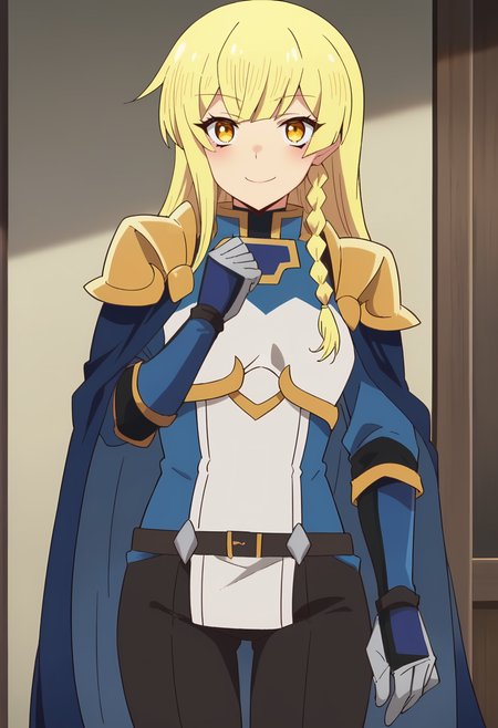 <lora:Balirossa:1> balirossa, blonde hair, long hair, 1girl, side braid, solo, yellow eyes,    , looking at viewer, smile, blush,        breastplate, blue cape, knight, shoulder armor, sheath, belt, black pants, white gloves , pauldrons, score_9, score_8_up, score_7_up, , anime coloring ,BREAK source_anime, anime