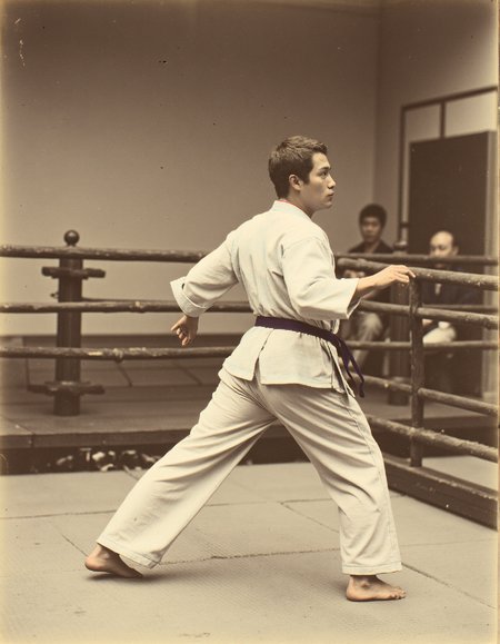 OldJapan style portrait photo of a karate fighter standing in a ring