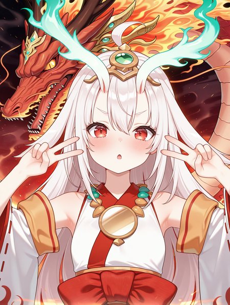 oni girl, kurikara divincarnate, 1girl, double v, looking at viewer, blush, solo, red eastern dragon, open mouth, white ribbon-trimmed sleeves, white sleeveless kimono, gold headpiece, mirror necklace, 1other, upper body
masterpiece,best quality,amazing quality,very aesthetic,absurdres,newest,<lora:Kurikara Divincarnate illuXL v1:0.84>,