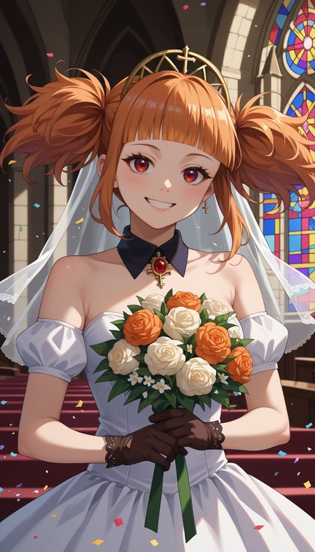 score_7, score_7_up, score_9, score_ 9_up, looking at viewer, 
 <lora:Hlokk :0.8> Hlokk , 1girl, twintails,orange hair, blunt bangs, red eyes, long hair, indoors, church, stained glass, whie veil, laced gloves, upper body, close portrait church, holding bouquet, (confetti:1.1), smile, white dress, wedding dress, church, holding bouquet, (confetti:1.1)