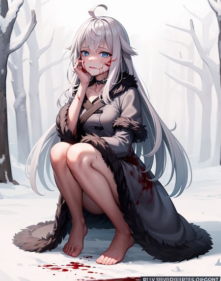 (extremely detailed CG unity 8k wallpaper),(masterpiece), (best quality), (ultra-detailed), (best illustration),(best shadow), (sharp eyeliner, eyeshadow, detailed eyes:1.1), full body, snow, forest, dark sky
,BREAK
1girl, solo, jefuty, on knees, (blood, blood on clothes, blood on face:1.2), feet
 <lora:Jefuty:1>