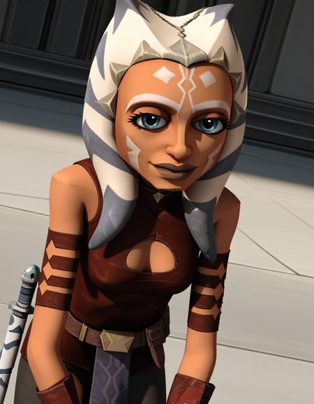 score_9, score_8_up, score_7_up, source_anime, <lora:clonewars-ahsoka-tano-ponyxl-lora-nochekaiser:1>, ahsoka tano, long hair, blue eyes, lips, colored skin, facial mark, tentacle hair, alien, orange skin, 3d, realistic,, gloves, bare shoulders, belt, sword, fingerless gloves, clothing cutout, tattoo, cleavage cutout,, outdoors, bent over, smile, looking at viewer, solo,, cowboy shot, dutch angle