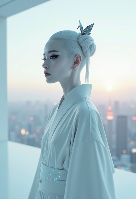 masterpiece, an exquisitely minimalist yet strikingly beautiful cyberpunk geisha, her form defined by clean lines and subtle curves, her face porcelain white with minimal makeup, save for sharp black geometric eyeliner, her hair short, sleek, and silver chrome, adorned with a single, minimalist black origami crane, she wears a tailored white kimono with subtle glowing blue threads forming geometric patterns, standing in a pristine white minimalist room overlooking a neon-drenched cyberpunk cityscape at dawn, stark, diffused lighting emphasizes form and silhouette, casting soft, subtle shadows, rendered in a style fusing minimalist art, high-fashion photography, and cyberpunk aesthetics, monochrome palette of whites, silvers, and blacks with subtle accents of glowing blue and the faintest hint of dawn pink, the quiet hum of advanced technology and the scent of sterile air and cherry blossom incense, evoking a sense of understated power, refined futuristic elegance, and serene beauty, her expression is composed and enigmatic, her beauty a silent statement in the heart of the cyberpunk metropolis, a visual haiku of chrome, white, and minimalist grace, ultra detailed, sharp focus, cinematic composition, minimalist setting.