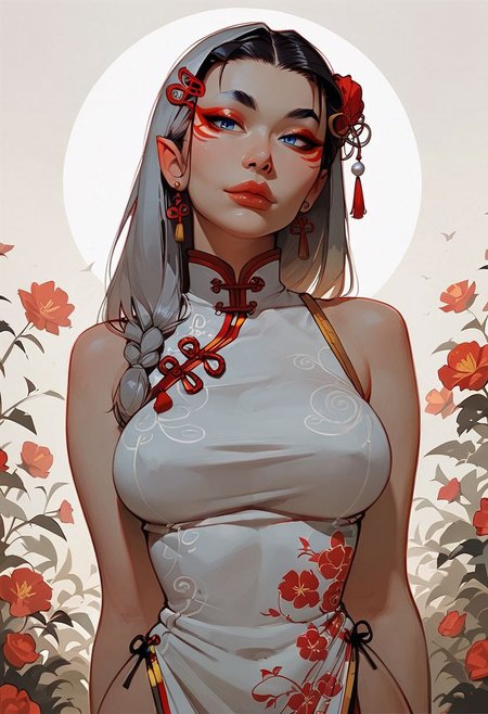 score_9, score_8_up, score_7_up, score_6_up, score_5_up, score_4_up, sexy asian girl , oni mask ,  large breasts, Chinese dress , blue eyes, silver neclace , side portrait , ancient , hair pins , half body portraits , narrow hips