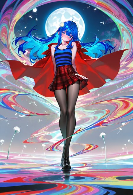 masterpiece, best quality, artist:moriimee, g0thicl1nes, (aogisa: 0.4), (aoi ogata:0.4), (jairou:0.2), (full body, beautiful, gorgeous, muted color, psychedelic, 1girl, blushing, embarrassed, head tilt, blue horizontal-striped tank top, red plaid skirt, black tights, small breasts, blue hair, long silky hair, sidelocks, wavy bang, red cape, dandelion on hair, moon), <lora:MoriiMee_Gothic_Niji_Style_Illustrious_r1:0.2>, <lora:iLLMythG0thicL1nes:0.2>