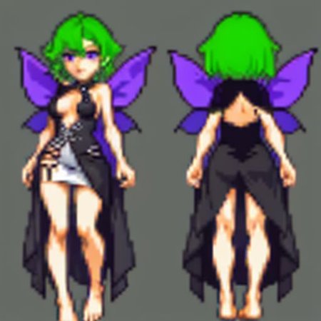 gothic, anime, evil fairy,a short ripped dress, red nails, long light green hair, evil face, fairy, dark fantasy, fairy wings with a poisonous pattern, small boobs,  simples background, purple eyes, barefoots, gbaportrait, model sheet, chara-sheet