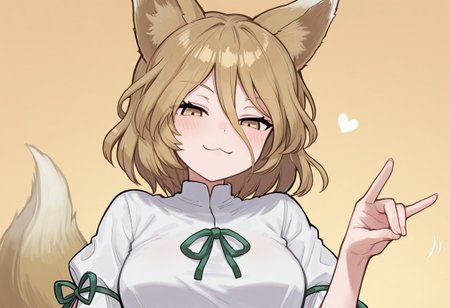 best quality, hires, thick outlines, thick outlines,
kudamaki tsukasa, fox shadow puppet, :3, smug, curvy,