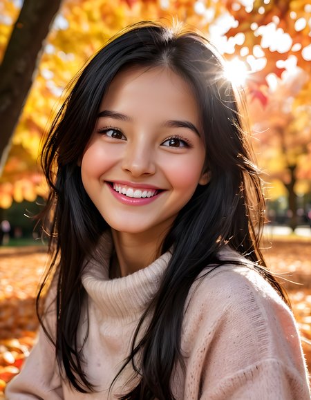 In a bustling, sunlit park teeming with vibrant autumn foliage and playful children, a radiant woman named N4NCYJMM, with her shiny black hair cascading down her back, is captured in a close-up portrait. Her eyes sparkle with warmth as she flashes a bright, captivating smile, revealing perfectly white teeth. The focus of the image is on her lips, subtly painted with a shade of pink, against the contrasting black background that frames her, creating an enchanting, intimate, and memorable scene.