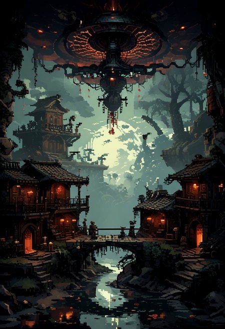 score_9, score_8_up, score_7_up, yamer_pixel_fusion, pixel art, 
An ancient burial mound, opened to reveal a passage leading deep into the earth. Inside, the air is thick with incense as figures in ceremonial garb conduct rites to commune with the spirits of their ancestors., 
in the style of a vintage, high-contrast setting, capture the essence of a campy and sensual satanic ritual. Emphasize theatrical elements with bursts of bright colors against dark, moody backgrounds
, retro futuristic, atompunk, hyper-detailed, scifi, lofi, d3p1x3l, pixel art