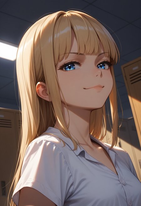 (score_9, score_8_up, score_7_up), 1girl, solo,blonde hair, blue eyes, long hair, hime cut, long bangs, small breasts, buttoned shirt, white buttons, white shirt,   short sleeves, collarbone, touching lip, (pink skirt:0.8),
(face focus, close-up:1.3),  standing, locker room, night time, dim lighting, dynamic lighting, 
(leaning back, arched back, dutch angle:1.2), 
(relaxed, smug:1.2),