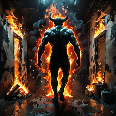 <lora:flame silhouette:1>,  <lora:flame:1>, flame,
fullbody, full body, back view, <lora:Super perspective and fight stance:0.8>, ((super low perspective)), low perspective, ((fisheye)), dark atmosphere, dark shadow, deep shadow, shadow,  Super perspective,fisheye, wide shot, foreshorten, lighting stance, (fire around), ((fiery footprints)),
Man with demon horns in black shorts walking away from the long dark office corridor, Adult, Mesomorph Muscular body, short Muscular neck, Rectangle faces, broad Muscular shoulders, Muscular fitness arms,  black short combed back hair,  Angular jawline,  Designer Stubble black whiskers, triangular black hair beard, Muscular fitness ass,  Athletic thighs, Muscular fitness legs,  big muscles,  dark black skin,
((burning walls)), ((fire on the walls)),
<lora:Camera Perspectives (507):1>,  from below, foreshortening, perspective,
graphic style of novel comics, perfect hands, 2d,
8k, hyperrealism, masterpiece, high resolution, best quality, ultra-detailed, super realistic, Hyperrealistic art, high-quality, ultra high res, highest detailed, lot of details, Extremely high-resolution details, incredibly lifelike, colourful, soft cinematic light,