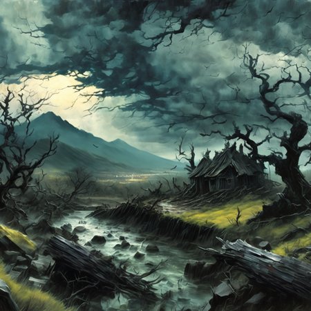 artmix05 am05 closeup dark landscape, destroyed village, forest and mountains, old crooked tree in the foreground, stormy sky, very detailed  <lora:artmix05:1.4>