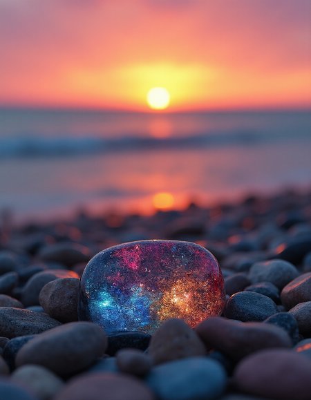 colored square stones beach, cancer on the beach, nature, sea, sunset, art photo
