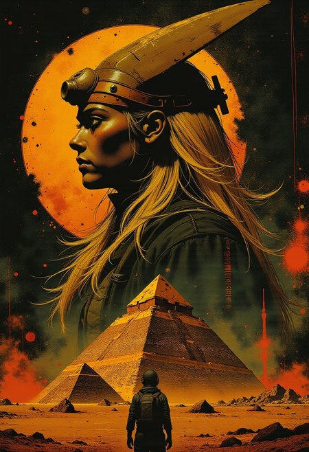 Inkplash art on rice paper, sepia, henna , Silhouette Art, magnificent, inksplash double exposure, crisp lines, Egyptian pyramids below closeup portrait of stunning japanese sci-fi warrior, blonde loose  hair, Anubis-style helmet, directional lighting, dark background