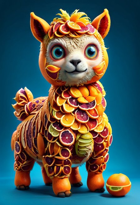 a cute chibby alpaca with big rainbow eyes made made of oranges, very detailed, 4k, sharp, blood orange style