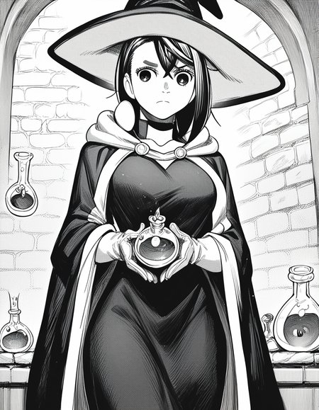 score_9, score_8_up, score_7_up, source_anime, <lora:momo-ayase-manga-ponyxl-lora-nochekaiser:1>, momo ayase, short hair, bangs, thick eyebrows, monochrome, greyscale, medium breasts,, <lora:wizard-ponyxl-lora-nochekaiser:1>, wizard, wizard hat, robe, dress, long sleeves, gloves,, indoors, bricks, potion, flask, vial,, cowboy shot,, , dutch angle, cowboy shot