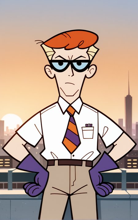 score_9, score_8_up, score_7_up, looking at viewer,  BREAK
PONYXL_STYLE_DextersLaboratory_ownwaifu,
1boy, male focus, parody, short hair, glasses, shirt, white shirt, purple gloves, pants, collared shirt, necktie, chibi,
(contrapposto, hand on hip), sunset, sidelighting, cityscape, outdoors, <lora:PONYXL_STYLE_DextersLaboratory_ownwaifu:1> , depth of field, solo,