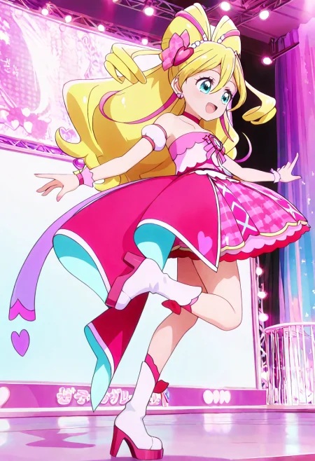 masterpiece, best quality, absurdres, very aesthetic, general,
cure idol, 1girl, blonde hair, solo, pink bow, heart hair ornament, blue eyes, smile, open mouth, knee boots, hair bow, drill hair, wrist cuffs, :d, standing, looking at viewer, twin drills, streaked hair, pink choker, pink skirt, ponytail, eyepatch, outstretched arms, standing on one leg, two-tone hair, multicolored hair, white footwear, high heel boots, heart earrings, leg up, layered skirt, pink footwear, spread arms, stage, big hair, plaid skirt, dancing, hair ribbon, pink hair, two side up, full body, pink dress, layered dress, eyelashes, very long hair, stage lights, aqua eyes, half updo, from side, happy, frills, outstretched arm, strapless, purple background, bare shoulders, shiny hair, hair between eyes, pink theme, back bow, looking back, huge bow, puffy short sleeves, pink ribbon, pink legwear, multicolored clothes, bracelet, collarbone, pink nails, floating hair, miniskirt, petticoat, lights, waist bow, detached sleeves, hair rings, heart brooch, looking to the side, curly hair, quad tails, short dress
<lora:cure_idol_sakura_uta_illustXL_locon_v1:0.8>