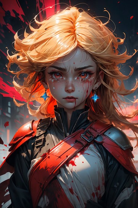 blond hair, long hair, freckles, earrings, 
(upper body:1.1), (particles:1.2), (sparkles:1.1), flames, (tears:1.3), (crying:1.2), (wet face:1.1), 
(torn clothes:1.2), abstract, (red lighting:1.2), knight armor, armor, (bloody face:1.2), (blood:1.1), scars, (war in the background:1.1), 
<lora:more_details:0.3>
 <lora:Cosmic anime-oil fusion v2:0.3> 
<lora:AnimeVibesV3:0.25> animevibes, 
<lora:3DMM_V11:0.35> 3DMM 
<lora:midjourney_20230624181825:0.35> midjourney ,
 <lora:LAS:0.4> (colorful:1.1), 
<lora:msw_locon-t2:0.3>
 <lora:wuxia2:0.4> gu, shiny, shiny hair, shiny skin, shiny clothes