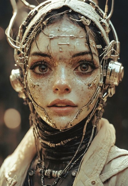 dim light, low light, dramatic light, partially covered in shadow, photo in phst artstyle, mechanical parts, wires, cables, cyberpunk, closeup portrait of shy smiling spaceage bedouin freckled horned gambler with a half robot face, blue lipstick, black skin, vibrant pink/white colored, closeup photo of an wired-cyborg assassin with half robot face wearing a black high collar parka, solo, woman, high collar parka, upper body,, female focus, crepuscular rays, volumetric lighting, ultra detailed, deep Blacks, very detailed, atmospheric haze, Film grain, cinematic film still, shallow depth of field, highly detailed, high budget, cinemascope, moody, epic, OverallDetail, 2000s vintage RAW photo, photorealistic, candid camera, color graded cinematic, eye catchlights, atmospheric lighting, imperfections, natural, shallow dof