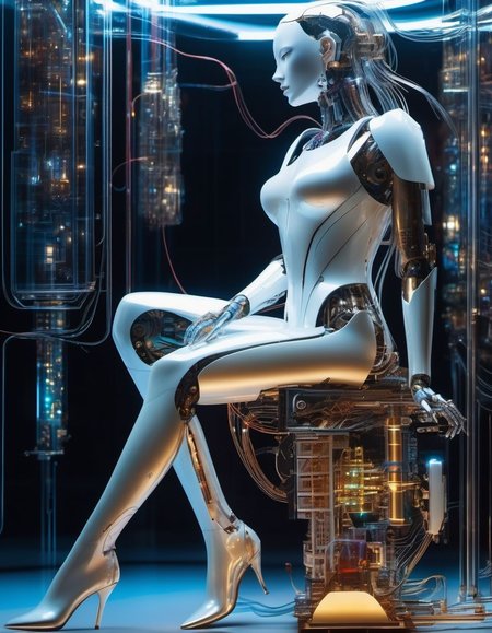 ((from side)), the ghost of the human spirit seeping from the heart of a robotic cyborg woman, holograms, transparent, machine parts, wires, circuitry, ADDBASE
((from side)), torso of a cybernetic robotic cyborg woman, a ghost emerging from her heart, eyes agape, terrified, porcelain metal skin,  ADDROW
((from side)) legs of a cybernetic robotic cyborg woman, boots, (heels), holograms, machine parts, wires, circuitry, holographic, fractal, (Ascii Art:1.3),