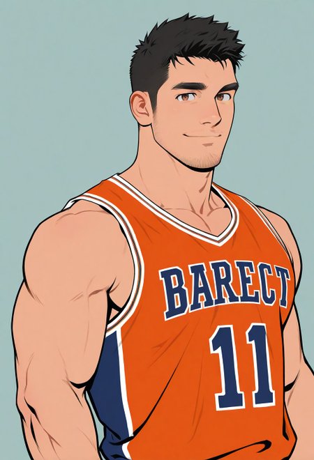 flat color,simple background, 
1boy,bara,muscular male,stubble,brown eyes,black hair,long sideburns,
smile,basketball uniform,upper body, 
very awa,masterpiece,best quality,absurdres,newest,perfect quality,detailed background,intricate details,<lora:wwh-vc:0.8>,