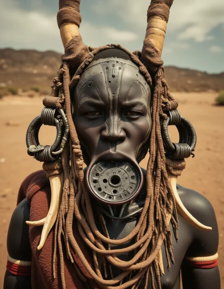 cybernetic robot cinematic still A futuristic murs1, half robot, half human with traditional murs1 decorations, robotic enhancements integrated into their body, intricate metallic details, cybernetic implants. Wearing large tribal earrings (plugs), an ornate lip plate, and adorned with traditional murs1 jewelry. Horns emerging from their augmented robotic head, blending tribal and futuristic styles. Set in the vast, arid Ethiopian desert with warm, sandy tones and a dramatic sky. A perfect fusion of ancient culture and futuristic technology, detailed and highly realistic.
<lora:mursi:1>
 <lora:ARob-FLUX-3-CivitAI:1> ARob, cyborg, robot . emotional, harmonious, vignette, highly detailed, high budget, bokeh, cinemascope, moody, epic, gorgeous, film grain, grainy . android, AI, machine, metal, wires, tech, futuristic, highly detailed