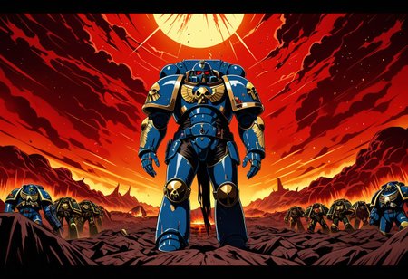 An intricately detailed 4K screencap from a high-budget modern anime production, with clean professional linework and vibrant colors. It depicts a man standing in a foxhole on a blasted hellscape red skies, wearing a suit of sleek, shiny, gold and blue advanced power armor. warhammer40k, space marine, grimdark