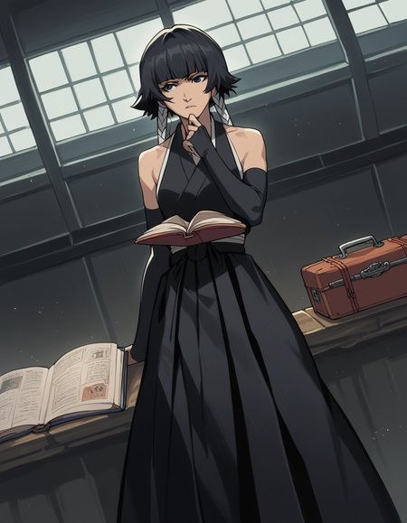 score_9, score_8_up, score_7_up, source_anime, <lora:soifon-anime-ponyxl-lora-nochekaiser:1>, soifon, short hair, bangs, black hair, short hair with long locks, black eyes,, gloves, bare shoulders, japanese clothes, elbow gloves, hakama, black hakama,, airport, waiting area, suitcase, flight delayed, passengers, reading book, , , elbow up, foot forward, hand on chin, solo,, cowboy shot, dutch angle