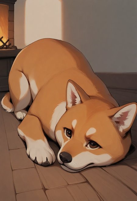 masterpiece, best quality, stylized, no humans, dog, shiba inu, lying, looking at viewer, wooden floor, fireplace, indoors, light
