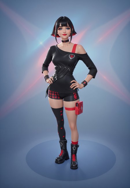 standing, librarry, inside, smile, looking at viewer, hands on hips, from above, 

1girl, solo, MorganaMyst, short hair, two-tone hair, black hair, bangs, blue eyes, red lips, choker, off-shoulder black shirt, shorts, thigh strap, single thighhigh, asymmetrical legwear, black nails, bracelet, ring, black boots, shiny skin, makeup, 


absurdres, newest, masterpiece, best quality, very aesthetic, 